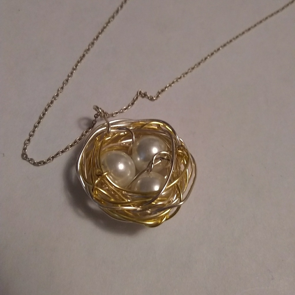 Pearl Eggs in Sterling Silver Nest Necklace